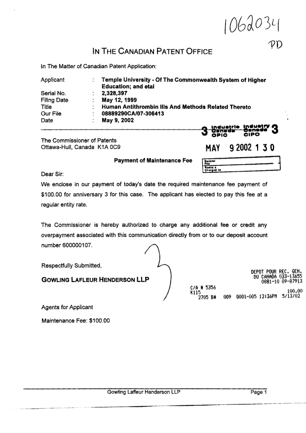 Document de brevet canadien 2328397. Taxes 20020509. Image 1 de 1