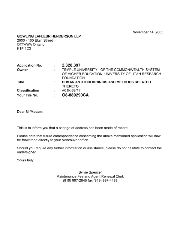 Document de brevet canadien 2328397. Correspondance 20051114. Image 1 de 1