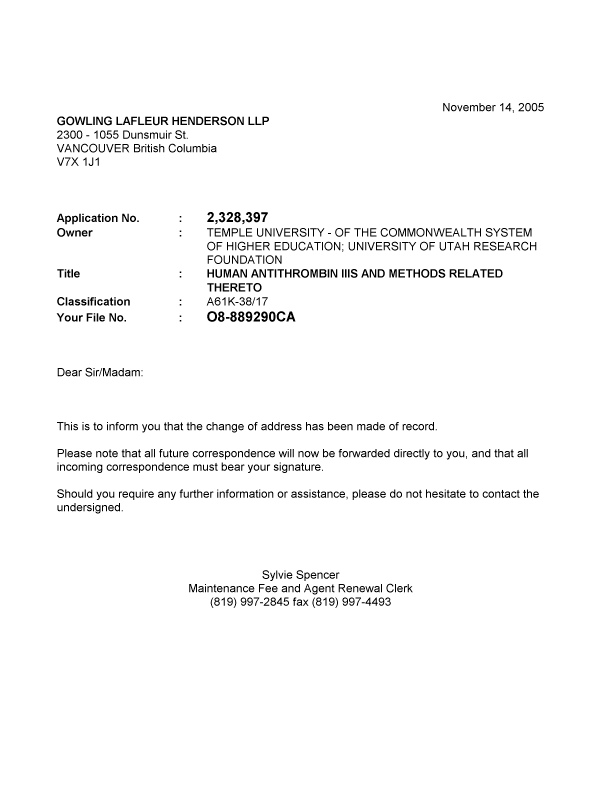 Document de brevet canadien 2328397. Correspondance 20051114. Image 1 de 1