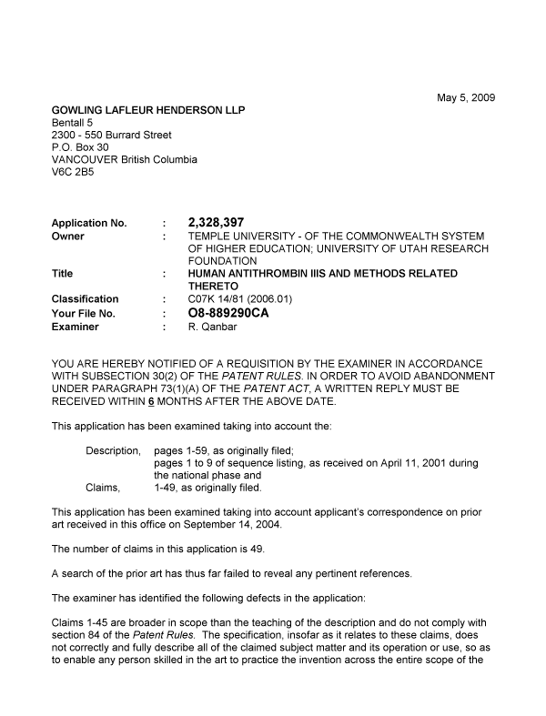 Document de brevet canadien 2328397. Poursuite-Amendment 20090505. Image 1 de 3