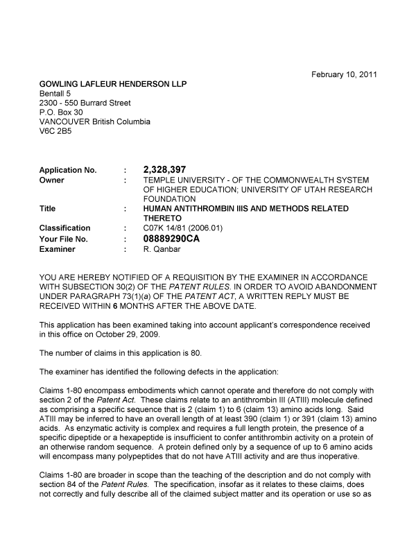 Canadian Patent Document 2328397. Prosecution-Amendment 20110210. Image 1 of 3