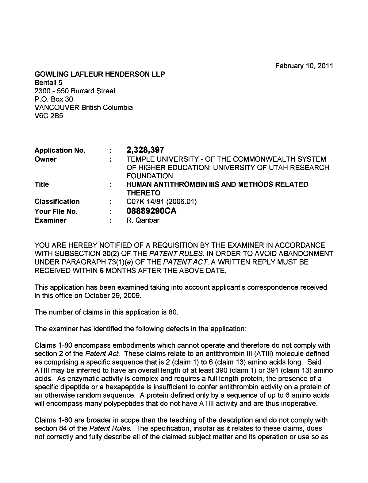Canadian Patent Document 2328397. Prosecution-Amendment 20110210. Image 1 of 3