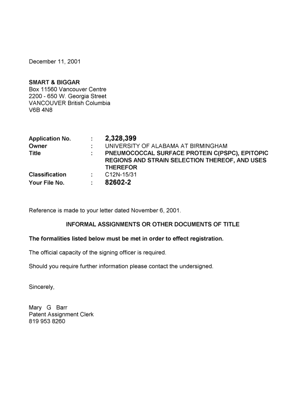 Canadian Patent Document 2328399. Correspondence 20011211. Image 1 of 1