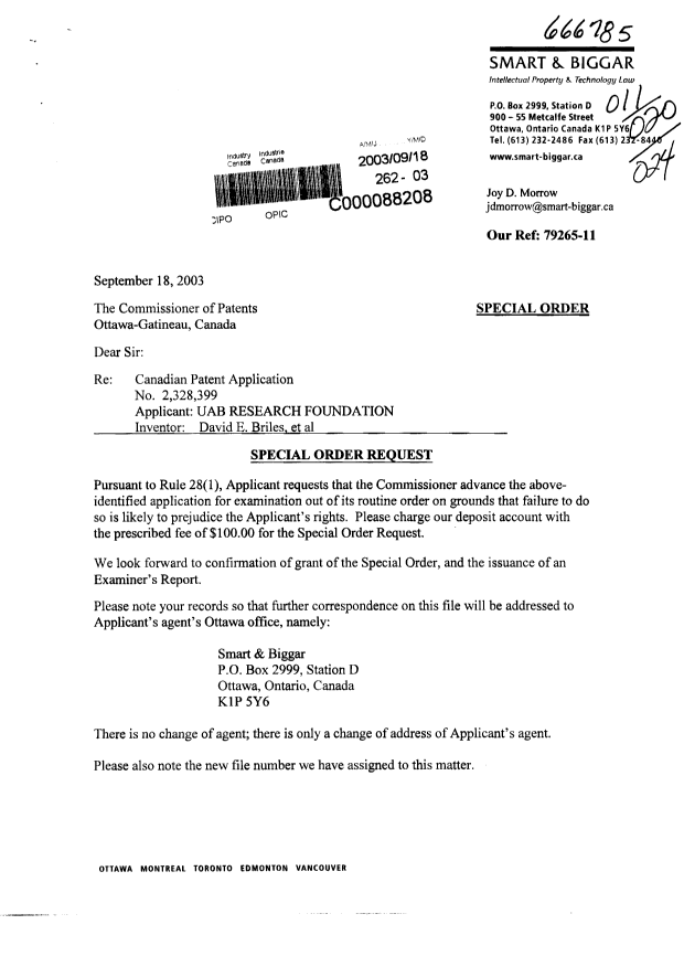 Document de brevet canadien 2328399. Correspondance 20030918. Image 1 de 2
