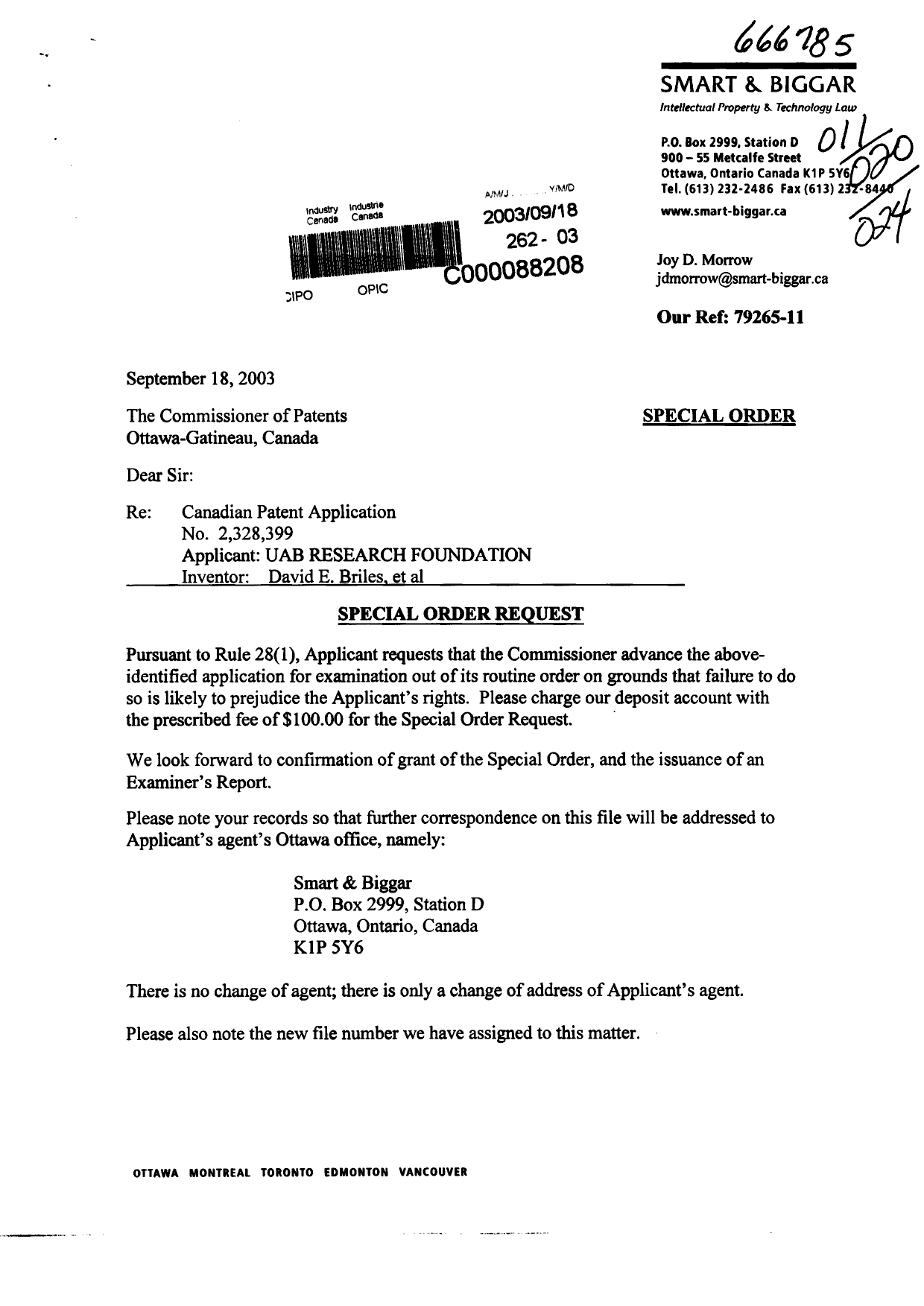 Canadian Patent Document 2328399. Correspondence 20030918. Image 1 of 2