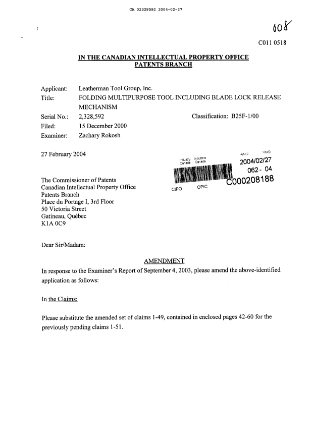 Document de brevet canadien 2328592. Poursuite-Amendment 20040227. Image 1 de 22