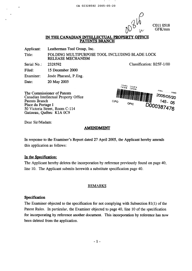Document de brevet canadien 2328592. Poursuite-Amendment 20050520. Image 1 de 3