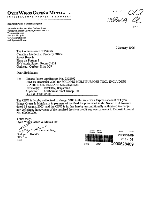 Document de brevet canadien 2328592. Correspondance 20060109. Image 1 de 1