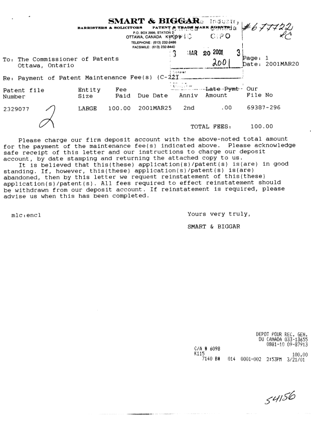 Canadian Patent Document 2329077. Fees 20001220. Image 1 of 1