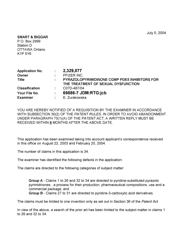 Canadian Patent Document 2329077. Prosecution-Amendment 20031205. Image 1 of 2
