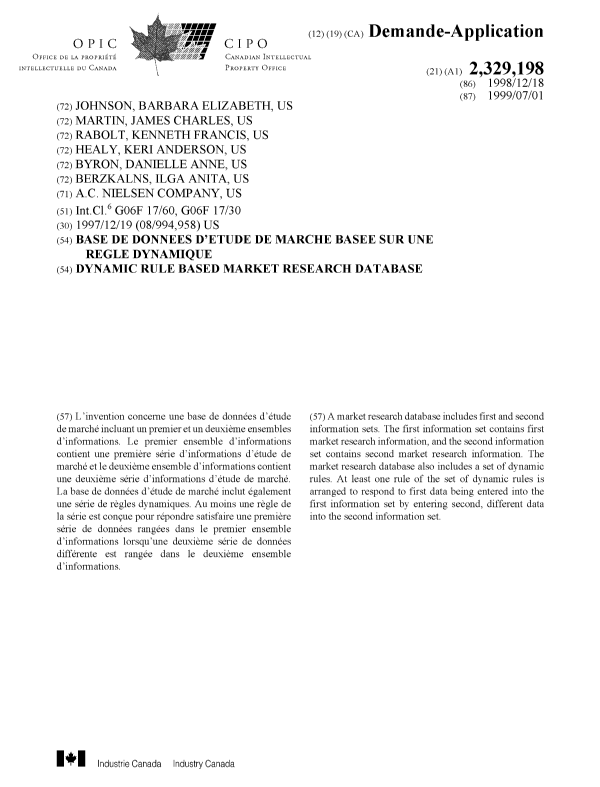 Document de brevet canadien 2329198. Page couverture 20010215. Image 1 de 1