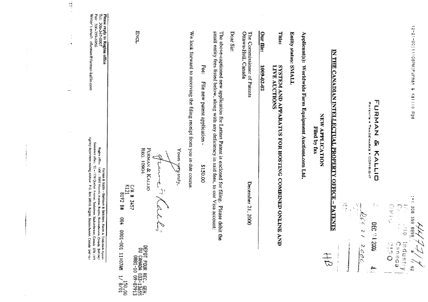 Canadian Patent Document 2329278. Assignment 20001221. Image 1 of 3