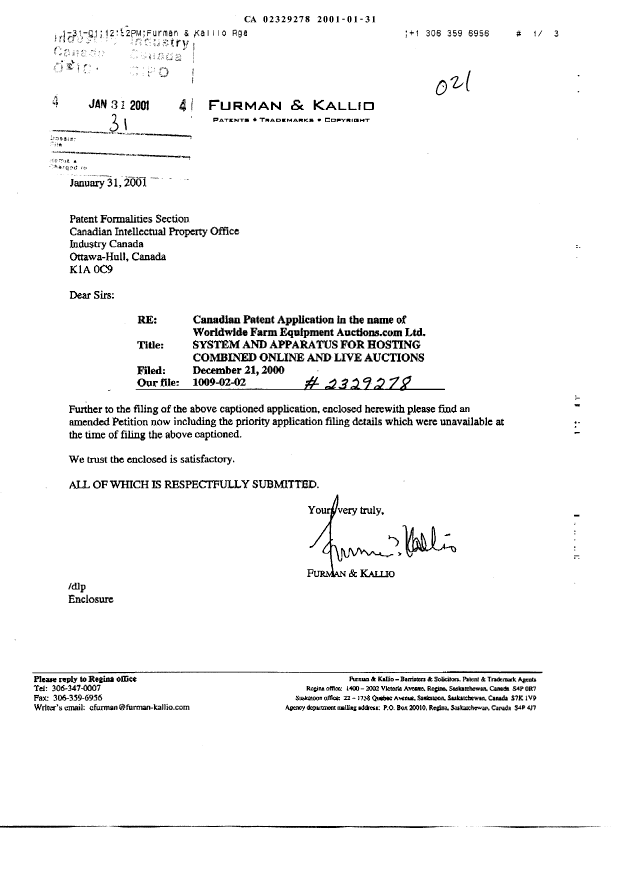 Document de brevet canadien 2329278. Correspondance 20010131. Image 1 de 6
