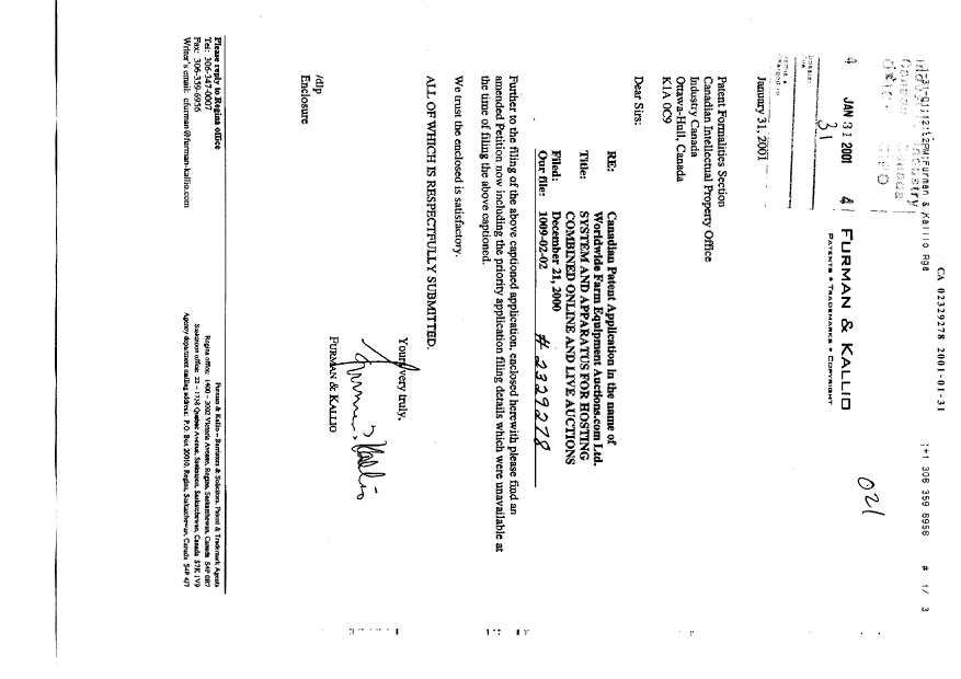 Canadian Patent Document 2329278. Correspondence 20010131. Image 1 of 6