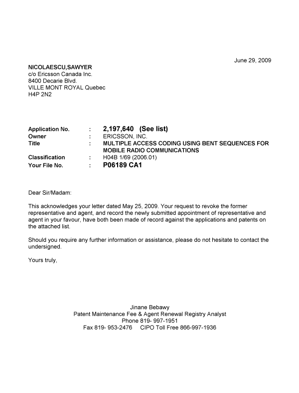 Document de brevet canadien 2329478. Correspondance 20090629. Image 1 de 1