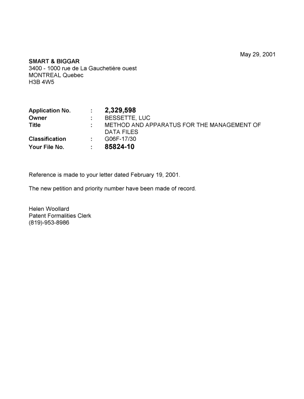 Canadian Patent Document 2329598. Correspondence 20001224. Image 1 of 1