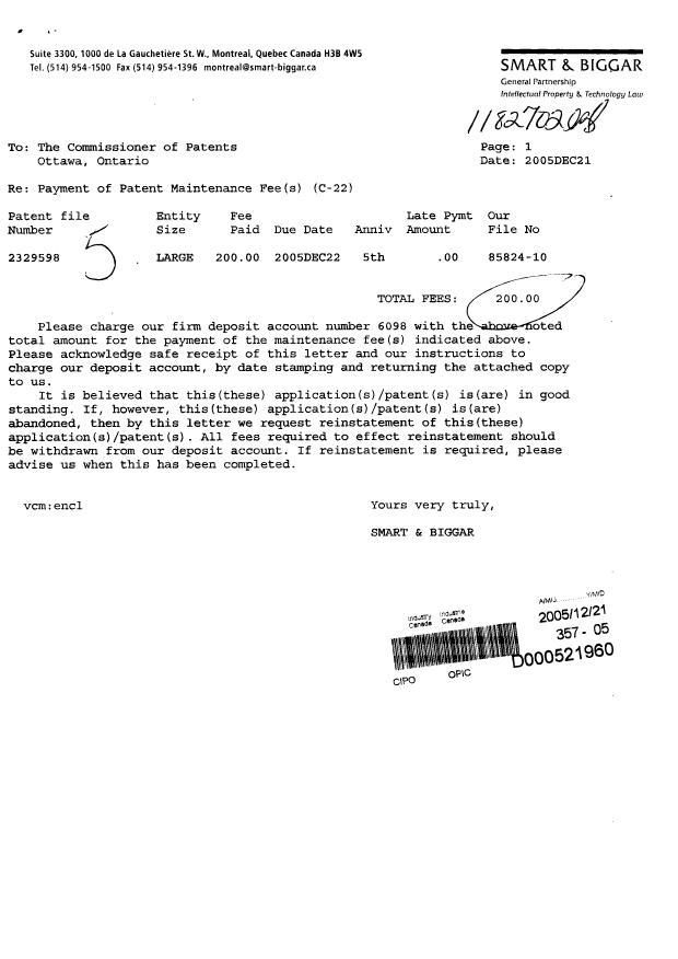 Canadian Patent Document 2329598. Fees 20041221. Image 1 of 1