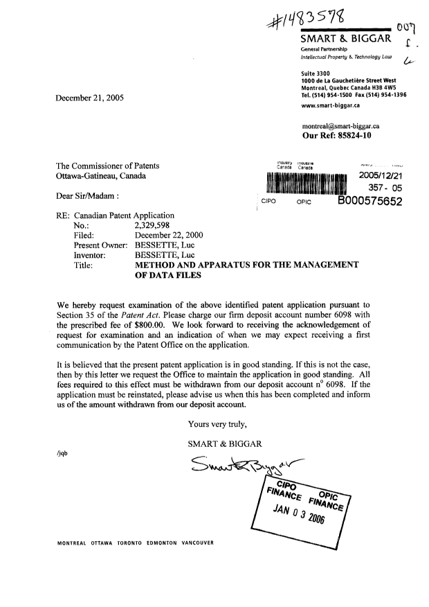 Canadian Patent Document 2329598. Prosecution-Amendment 20041221. Image 1 of 1