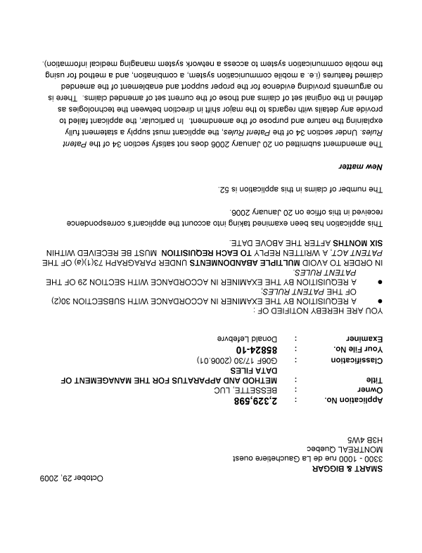 Canadian Patent Document 2329598. Prosecution-Amendment 20081229. Image 1 of 4