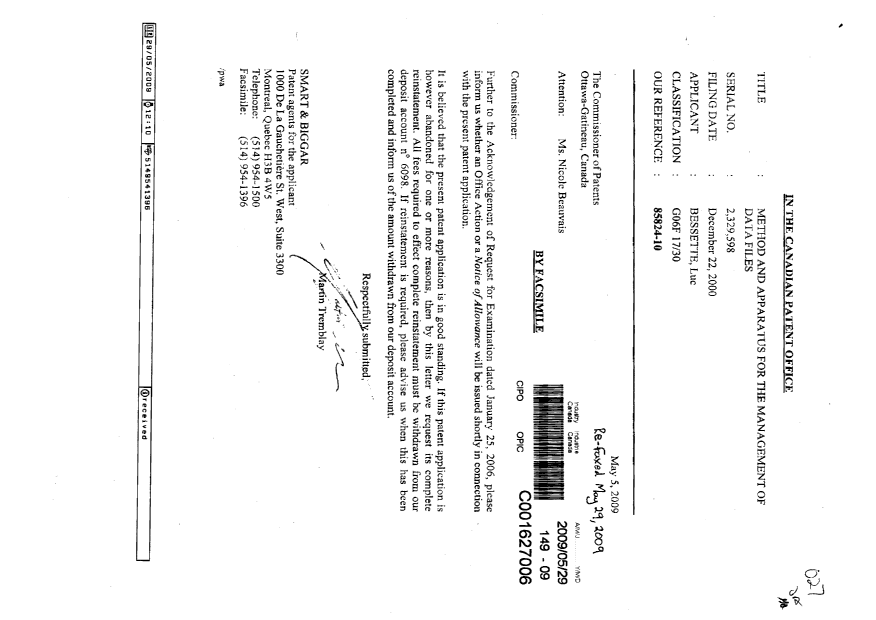 Document de brevet canadien 2329598. Poursuite-Amendment 20081229. Image 1 de 2