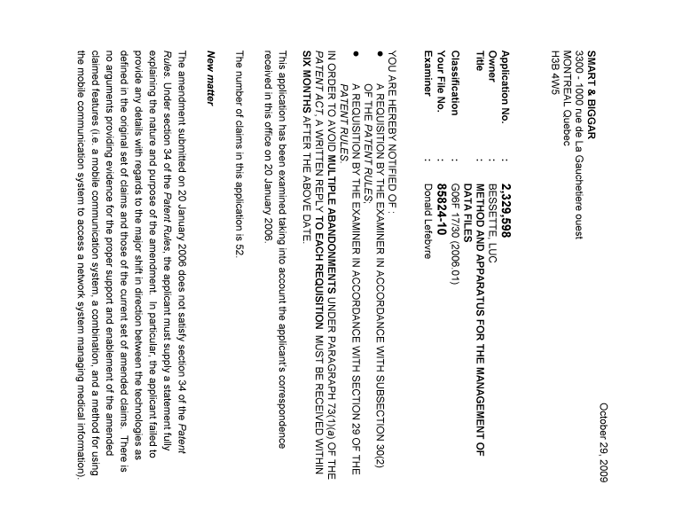 Canadian Patent Document 2329598. Prosecution-Amendment 20081229. Image 1 of 4