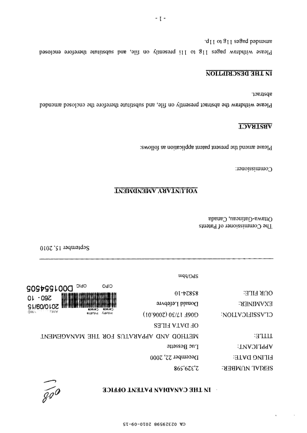 Canadian Patent Document 2329598. Prosecution-Amendment 20091215. Image 1 of 45