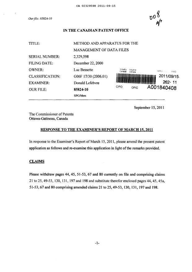 Canadian Patent Document 2329598. Prosecution-Amendment 20101215. Image 1 of 23