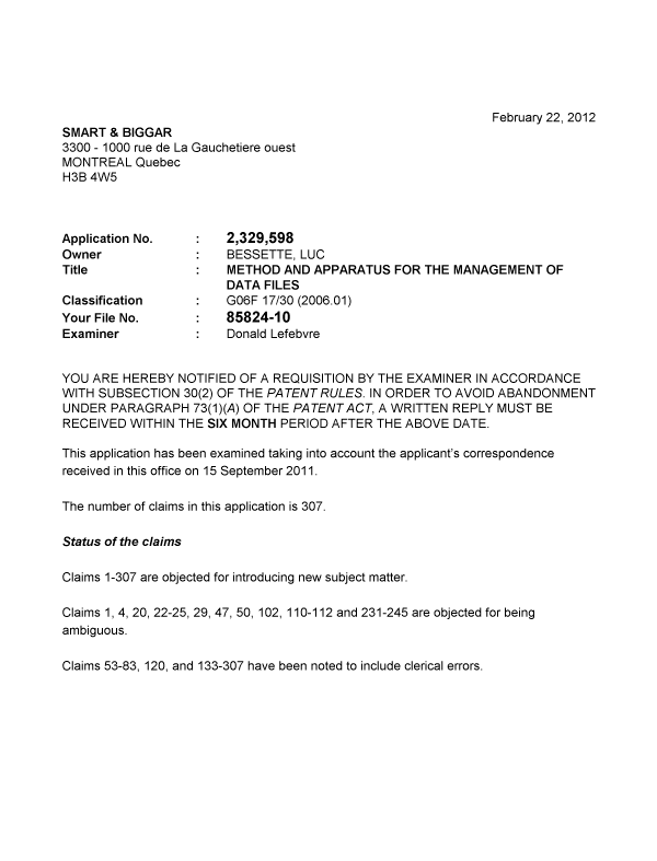 Canadian Patent Document 2329598. Prosecution-Amendment 20111222. Image 1 of 14