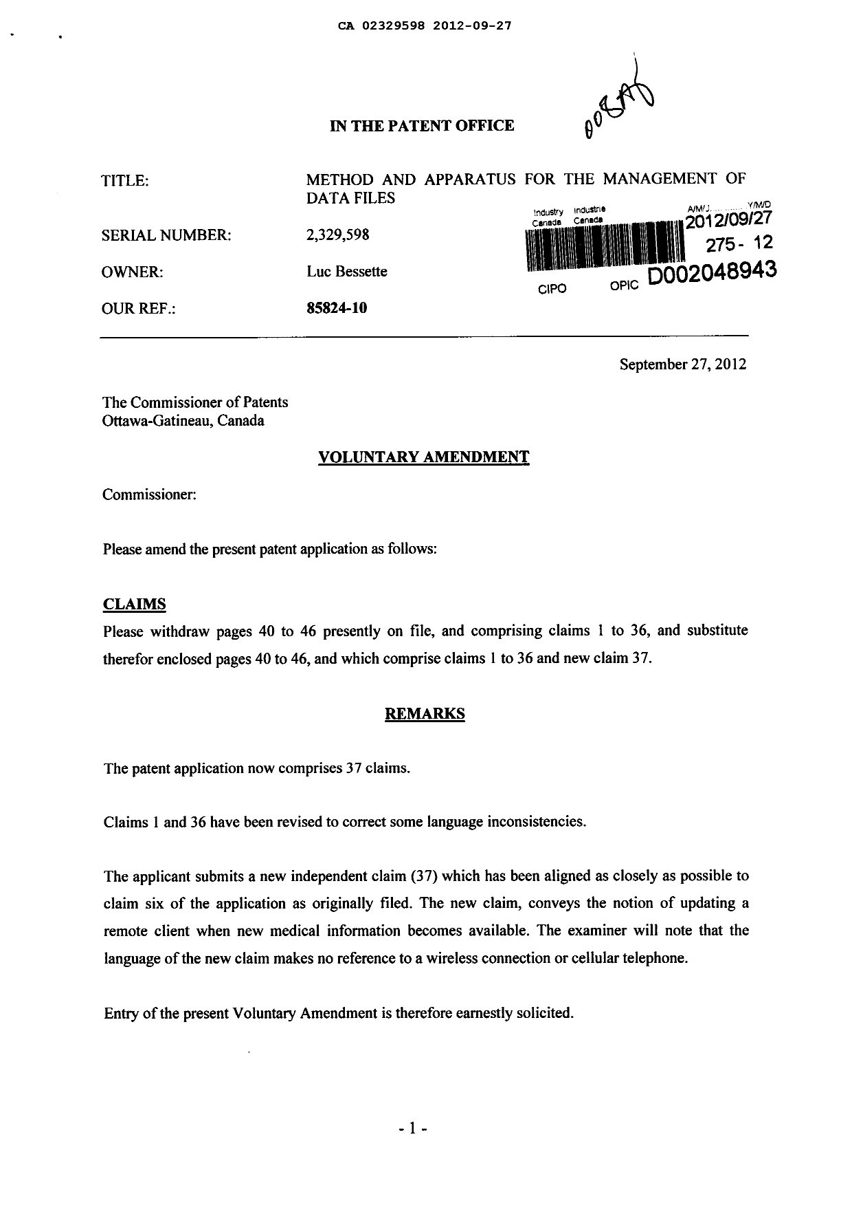 Canadian Patent Document 2329598. Prosecution-Amendment 20111227. Image 1 of 9