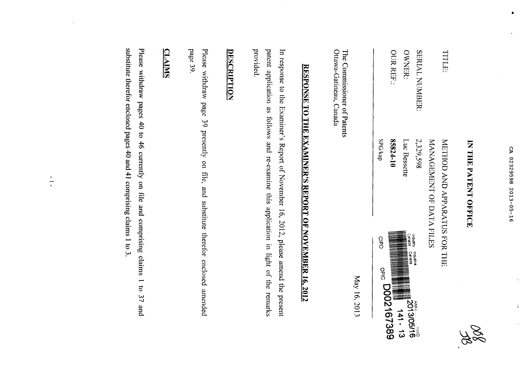 Canadian Patent Document 2329598. Prosecution-Amendment 20121216. Image 1 of 8