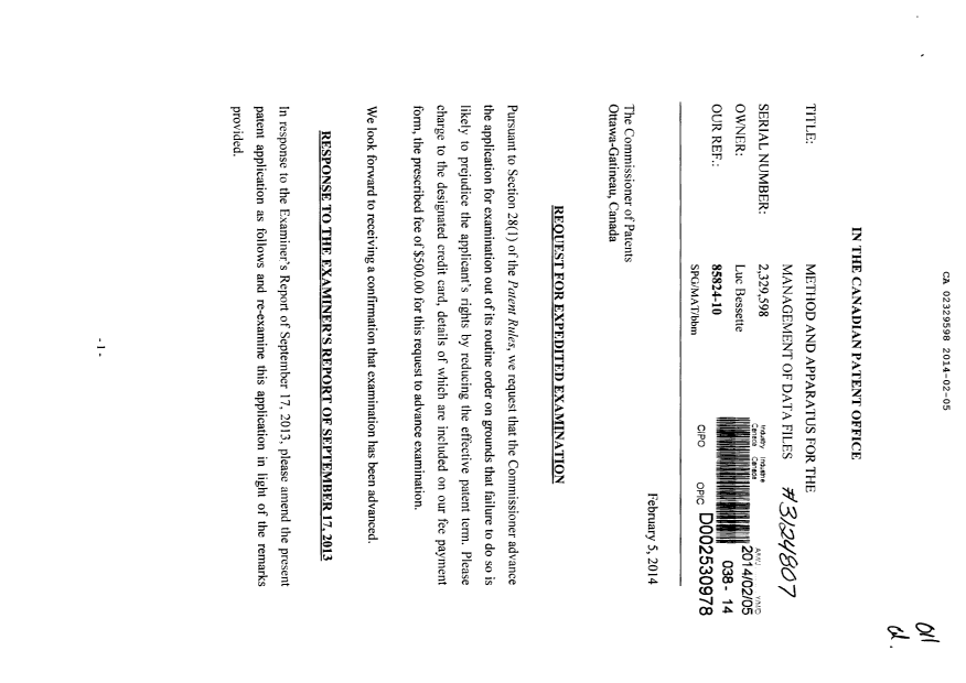 Document de brevet canadien 2329598. Poursuite-Amendment 20131205. Image 1 de 19