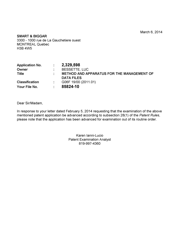 Document de brevet canadien 2329598. Poursuite-Amendment 20131206. Image 1 de 1