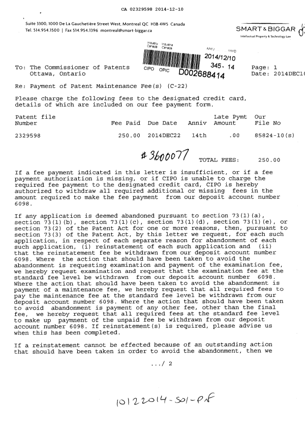 Document de brevet canadien 2329598. Taxes 20131210. Image 1 de 2