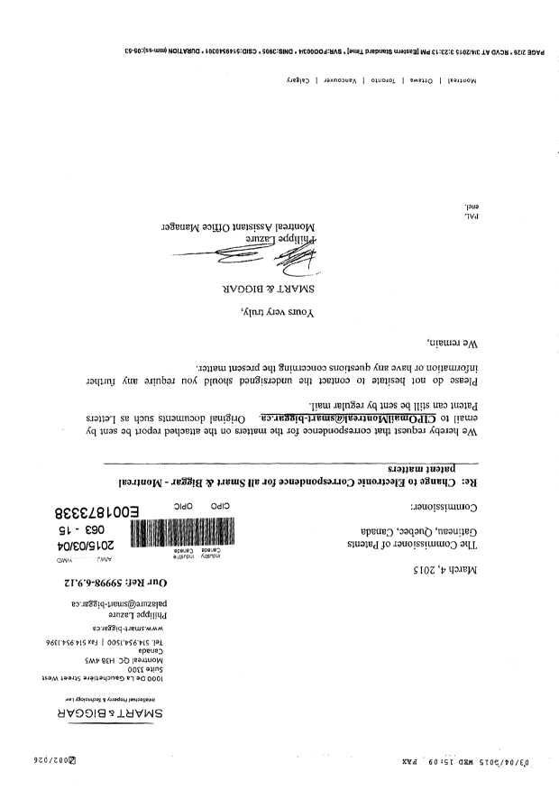 Document de brevet canadien 2329598. Correspondance 20141204. Image 1 de 3