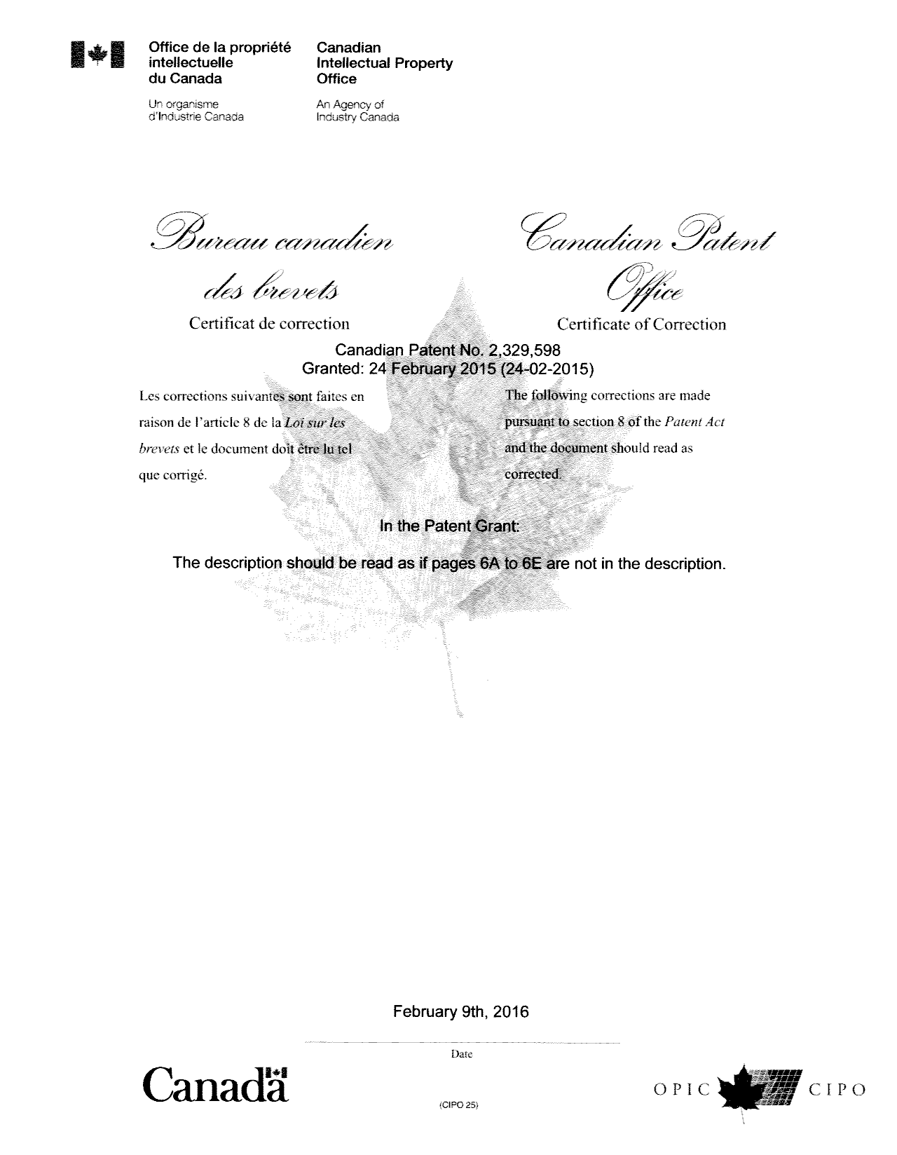 Canadian Patent Document 2329598. Prosecution-Amendment 20151209. Image 2 of 2