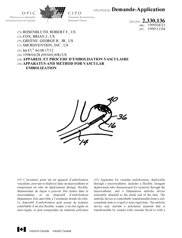 Document de brevet canadien 2330136. Page couverture 20010221. Image 1 de 2