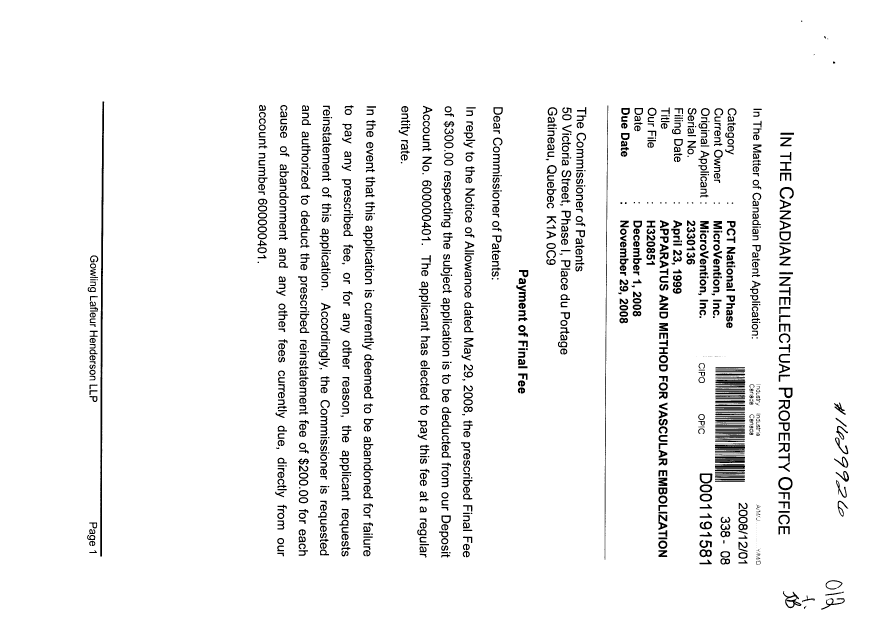 Canadian Patent Document 2330136. Correspondence 20081201. Image 1 of 2