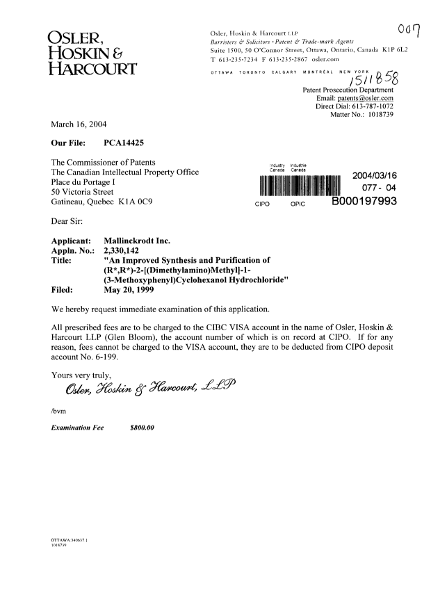 Canadian Patent Document 2330142. Prosecution-Amendment 20040316. Image 1 of 1