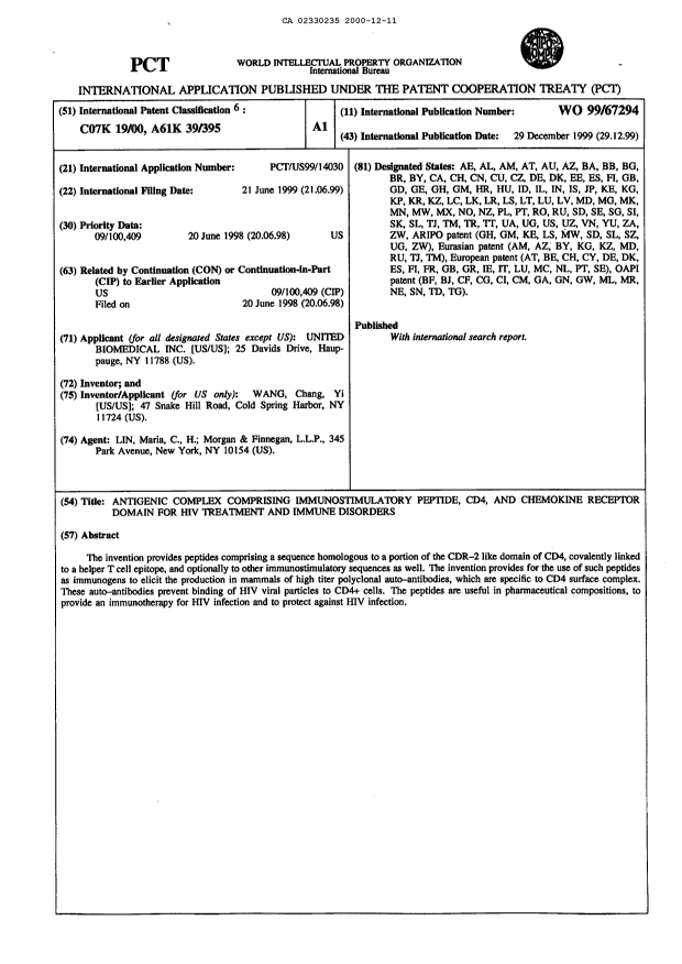 Canadian Patent Document 2330235. Abstract 20001211. Image 1 of 1