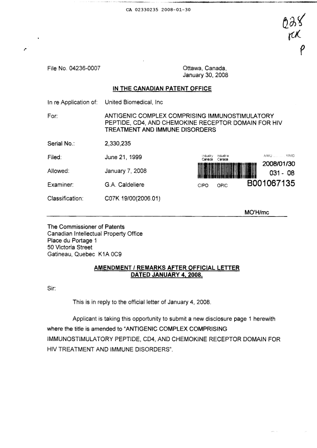 Canadian Patent Document 2330235. Correspondence 20080130. Image 1 of 3