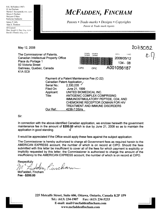 Canadian Patent Document 2330235. Fees 20080512. Image 1 of 1