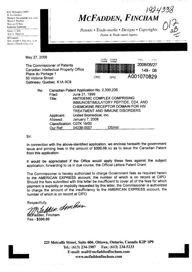 Canadian Patent Document 2330235. Correspondence 20080527. Image 1 of 1