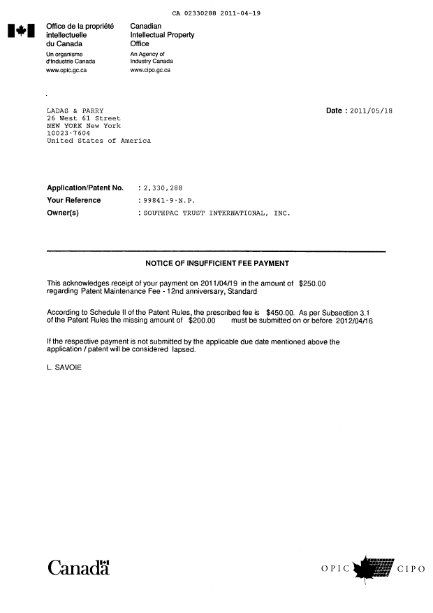 Canadian Patent Document 2330288. Fees 20110419. Image 1 of 9