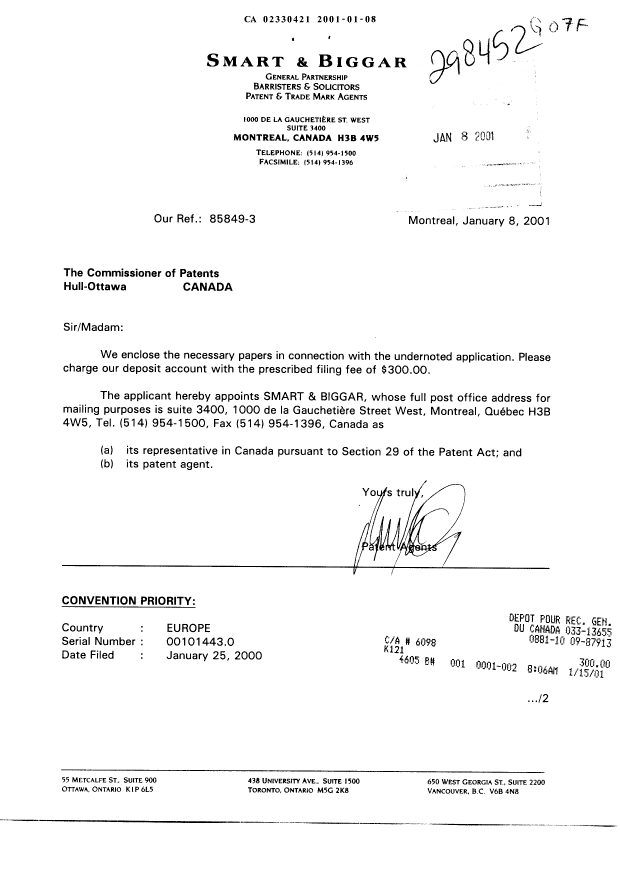 Document de brevet canadien 2330421. Cession 20010108. Image 1 de 3