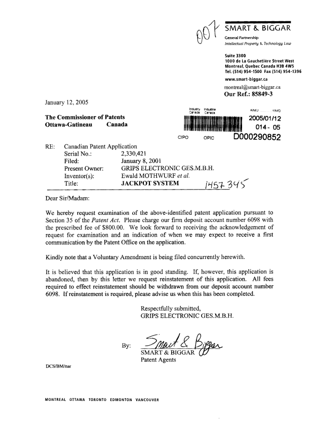 Canadian Patent Document 2330421. Prosecution-Amendment 20050112. Image 1 of 1
