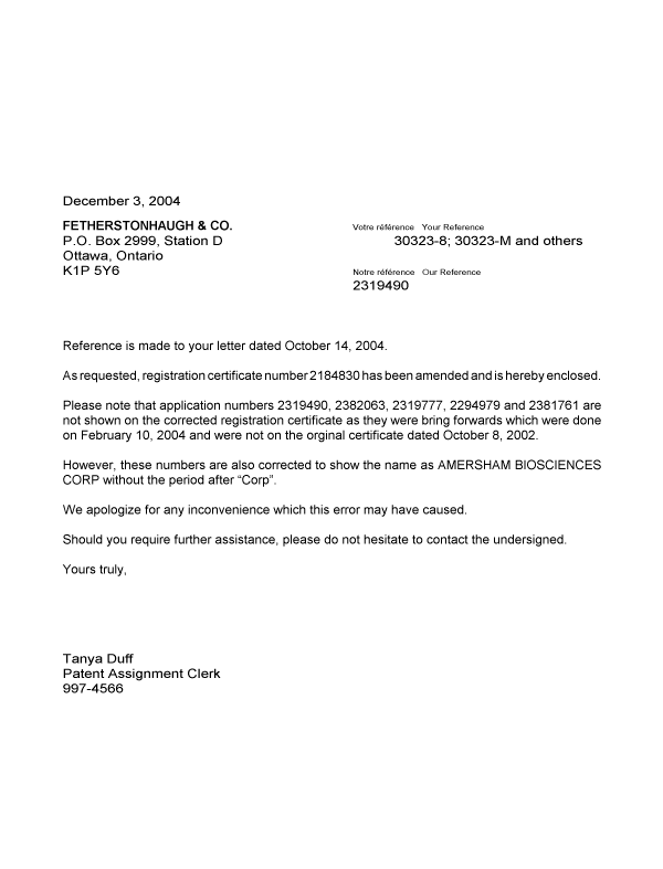 Document de brevet canadien 2330735. Correspondance 20041203. Image 1 de 1