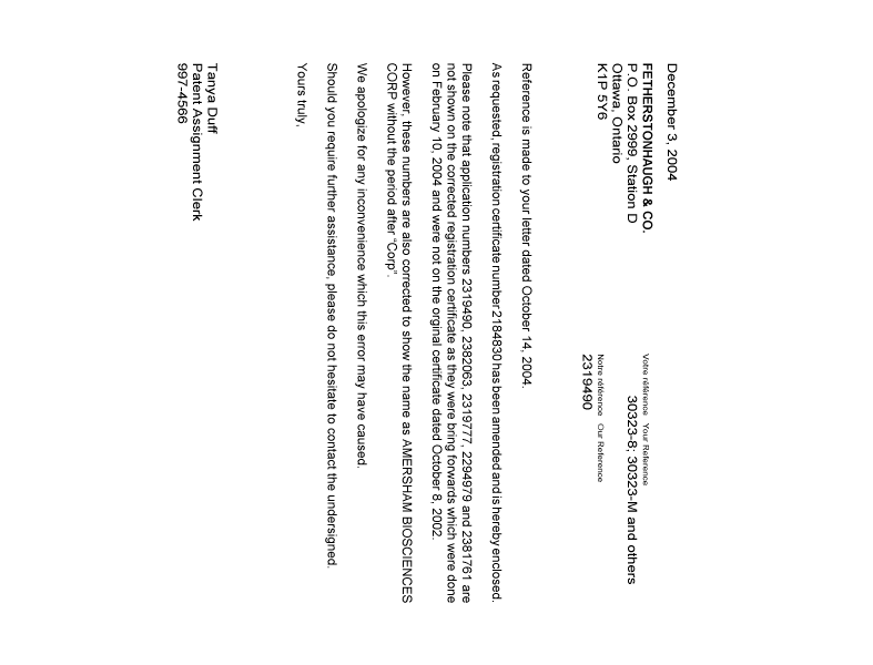 Canadian Patent Document 2330735. Correspondence 20041203. Image 1 of 1