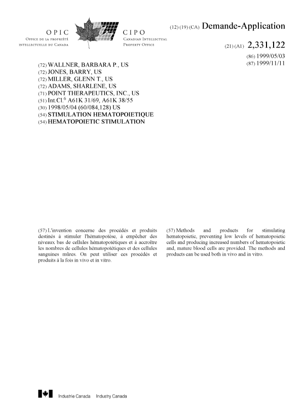 Document de brevet canadien 2331122. Page couverture 20010302. Image 1 de 1