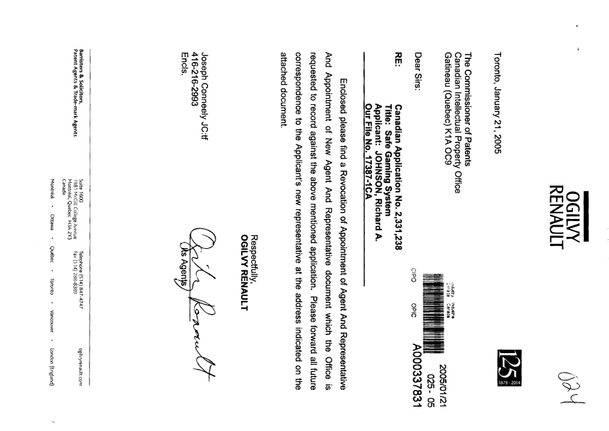 Document de brevet canadien 2331238. Correspondance 20041221. Image 1 de 2