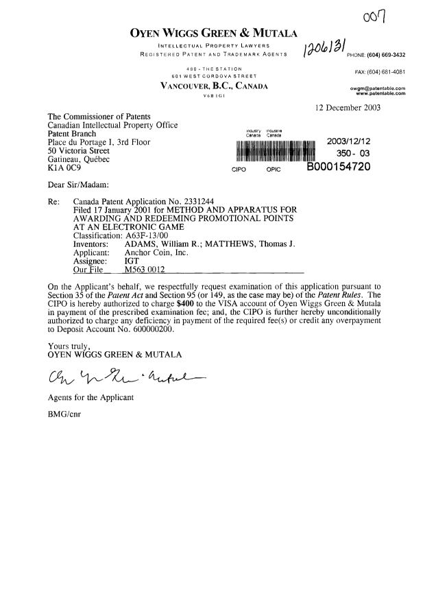 Canadian Patent Document 2331244. Prosecution-Amendment 20021212. Image 1 of 1